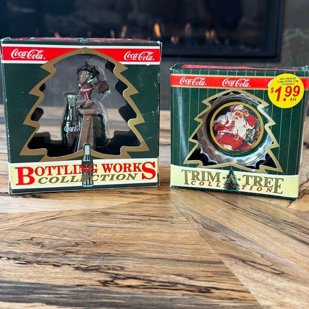 Vtg 1990s Set of 2 Coca Cola Christmas Ornaments Lot Bottling Works Trim A Tree